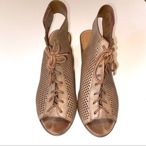 Call It Spring perforated chunky lace up peep toe heeled sandal size 9 brown